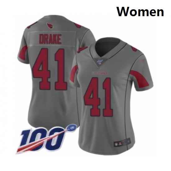 Women's Arizona Cardinals #41 Kenyan Drake Limited Silver Inverted Legend 100th Season Football Jersey